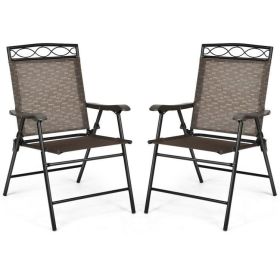 Set of 2 Patio Folding Chairs Sling Portable Dining Chair Set with Armrest