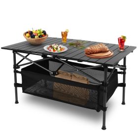 1Pc Folding Camping Table Portable Aluminum Roll-up Picnic BBQ Desk with Carrying Bag Heavy Duty Outdoor Beach Backyard Party Patio (Color: Black)