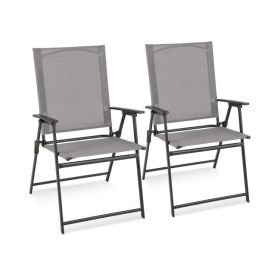 2 Pieces Patio Folding Chairs with Armrests for Deck Garden Yard (Color: Gray)